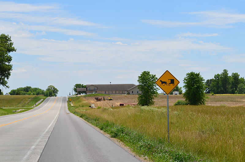 country road, amish crossing sign